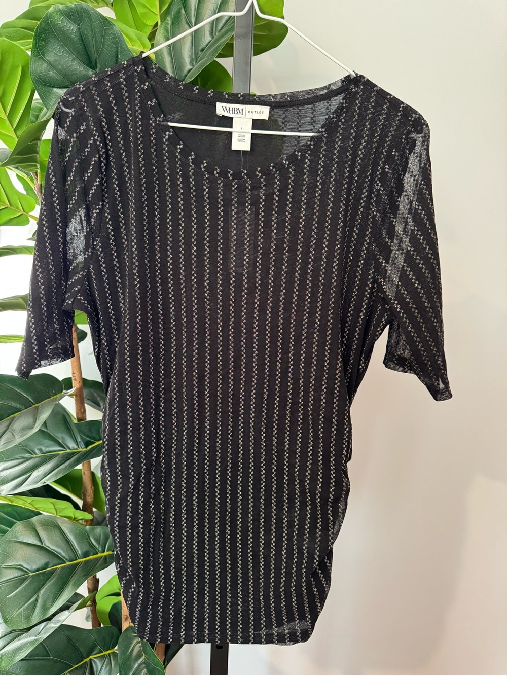 White House Black Market Black Sheer Mesh Top with Metallic Stripes